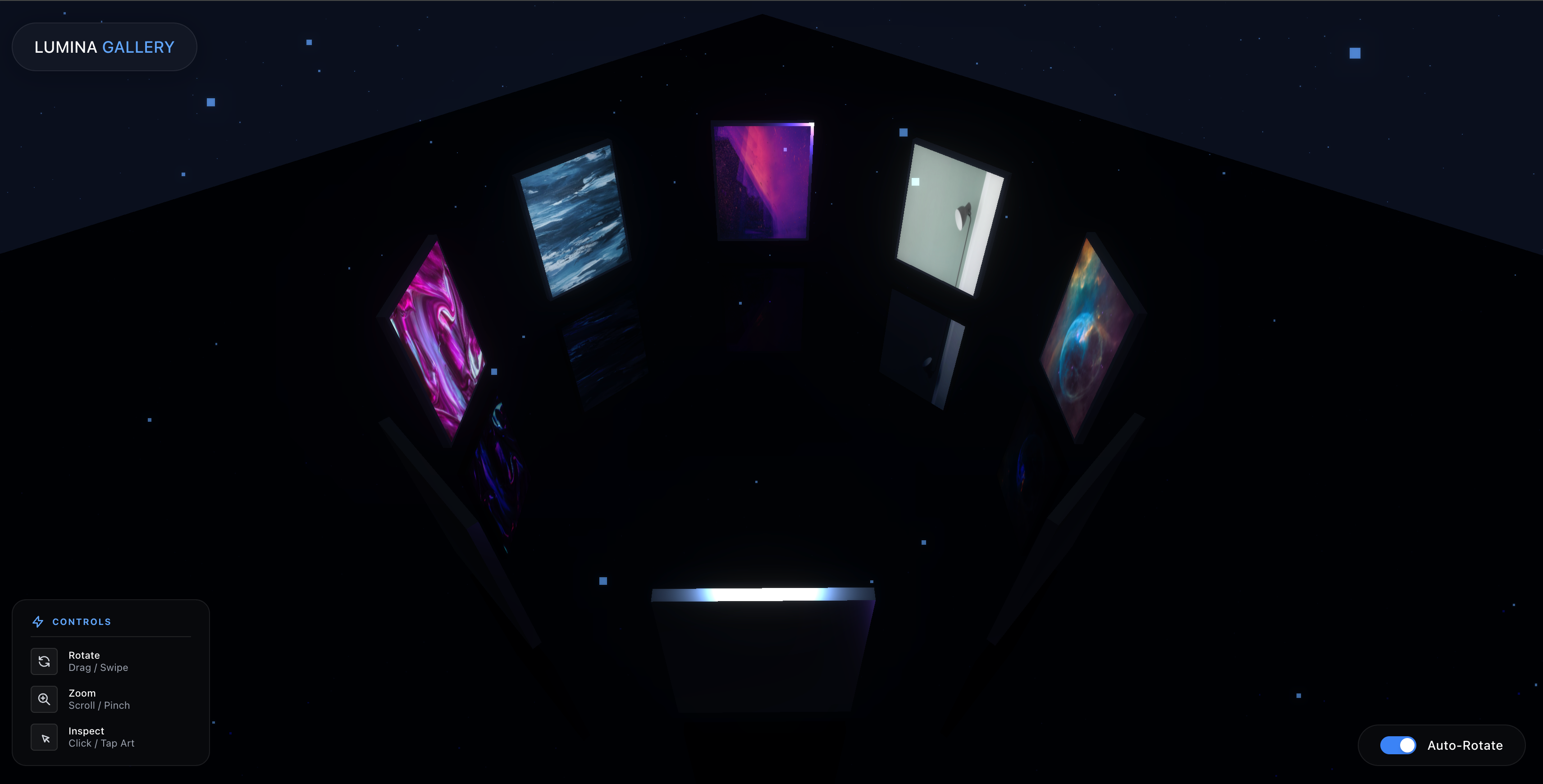 Full page immersive 3D virtual gallery with auto-rotating circular exhibit, clickable artworks, reflective floor, bloom lighting, and ambient particles — built with Three.js and WebGL